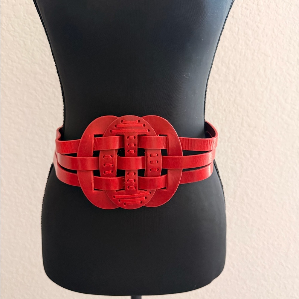 French Connection Red Leather Chinese Knot Belt | Elastic Waist Statement Belt - Picture 3 of 5